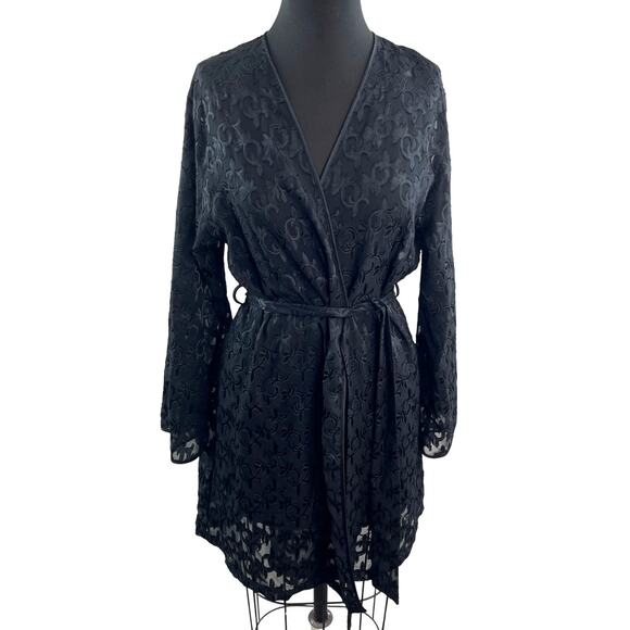 VTG Jones New York Black Wrap Robe Floral Lace Long Sleeve Drop Shoulder L/XL - Picture 1 of 7